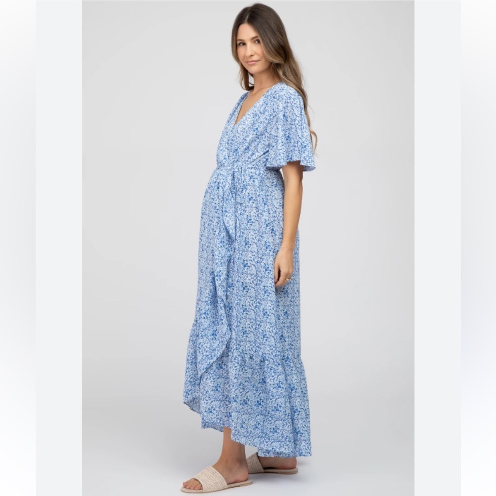 MATERNITY AND POST PARTUM WRAP DRESS BLUE FLORAL PRINT V BACK AND TRUE WRAP - Picture 2 of 15
